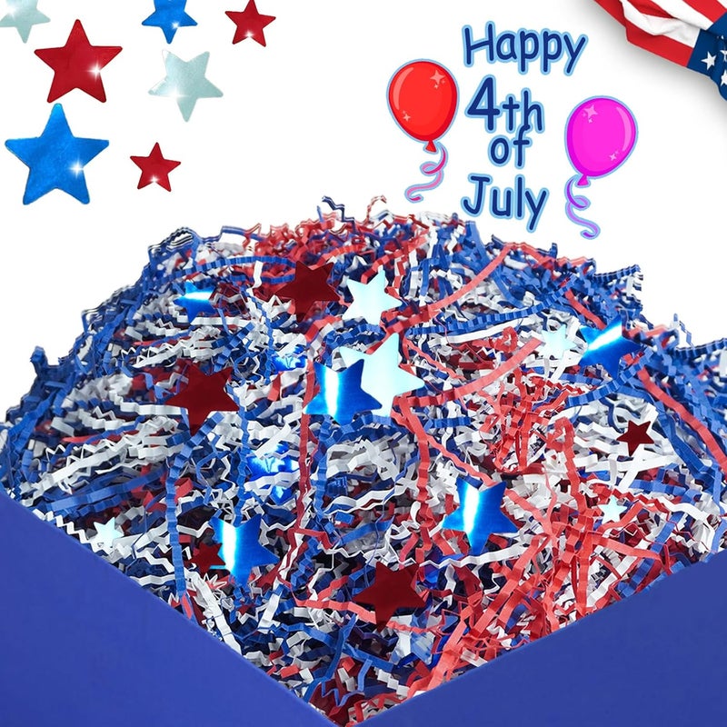 TORONTOKYO 2 LB Patriotic Grass Basket Filler Bulk, Red Blue White Crinkle Cut Paper Shred with Stars, Patriotic Box Basket Filler for 4th Of July Independence Day, Memorial Party, Veterans Day - Image 4